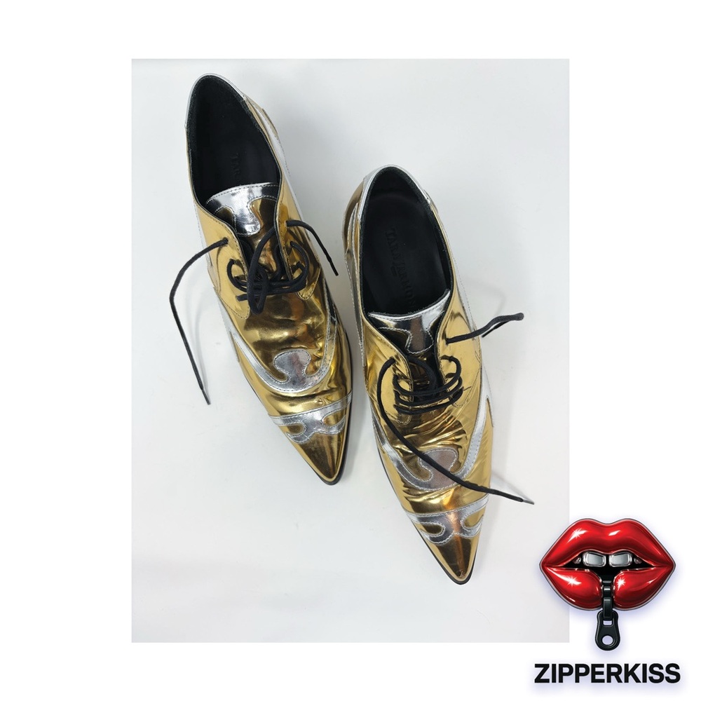 Adorably cool, never-worn Tara Jarmon Gold & Silver lace up Derby Shoes (Paris)